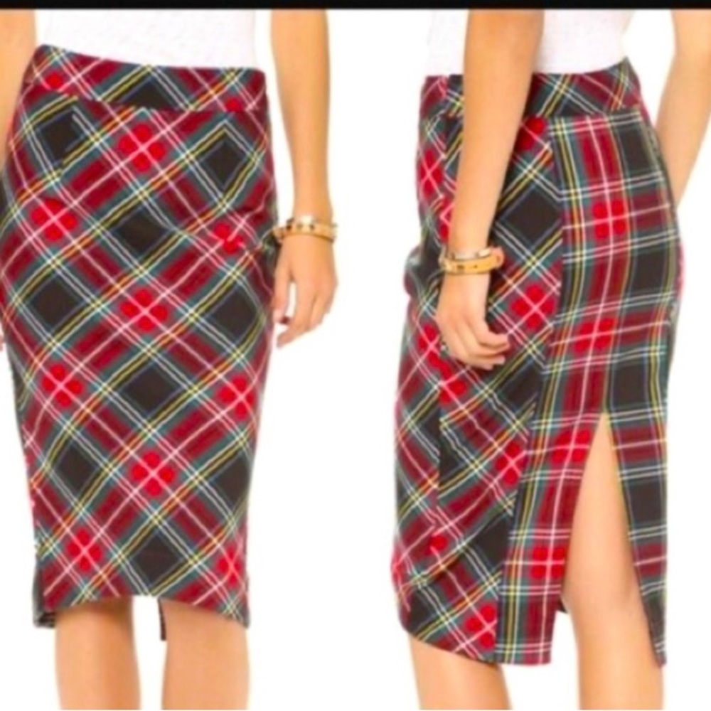 Free People Holiday Red Plaid Fitted Pencil Skirt 10